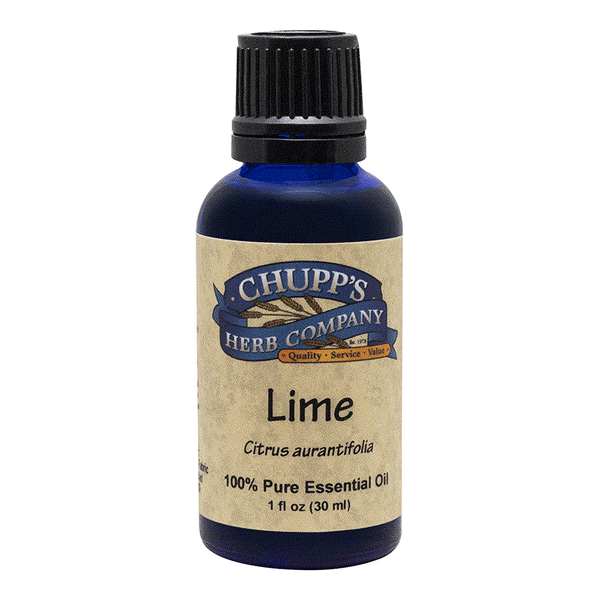 Blue glass bottle of Chupp's Herb Company Lime 100% pure essential oil with refreshing citrus scent