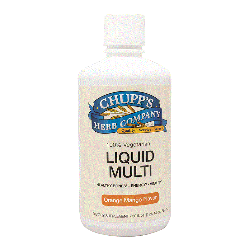 Chupp's Herb Company Liquid Multi dietary supplement with orange mango flavor supporting energy and immunity.