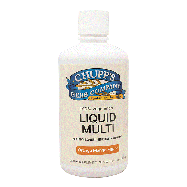 Chupp's Herb Company Liquid Multi dietary supplement with orange mango flavor supporting energy and immunity.