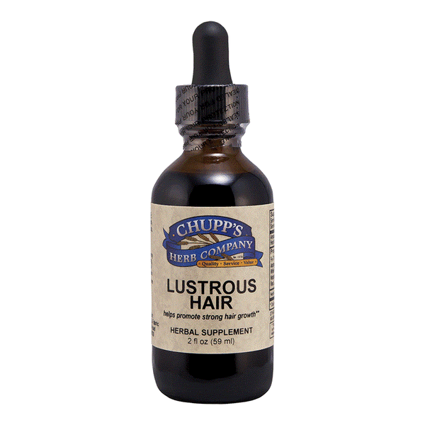Bottle of Lustrous Hair herbal supplement by Chupp's Herb Company for promoting strong hair growth and strength with a 500mg herbal root formula.
