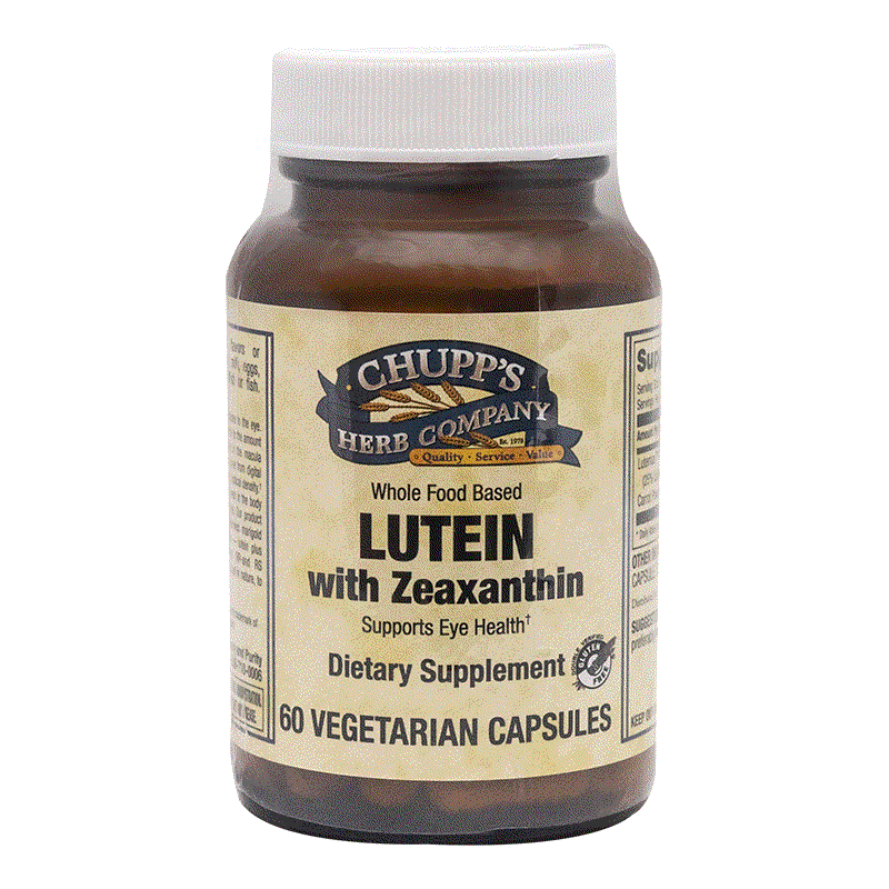 Bottle of Chupp's Herb Company Lutein with Zeaxanthin 20mg Lutein Formula dietary supplement capsules for eye health