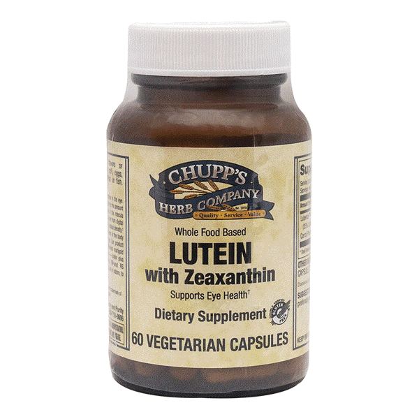 Bottle of Chupp's Herb Company Lutein with Zeaxanthin 20mg Lutein Formula dietary supplement capsules for eye health