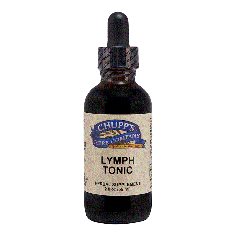 Bottle of Chupp's Herb Company Lymph Tonic herbal supplement with dropper, supports lymphatic flow and reduces swelling and inflammation.