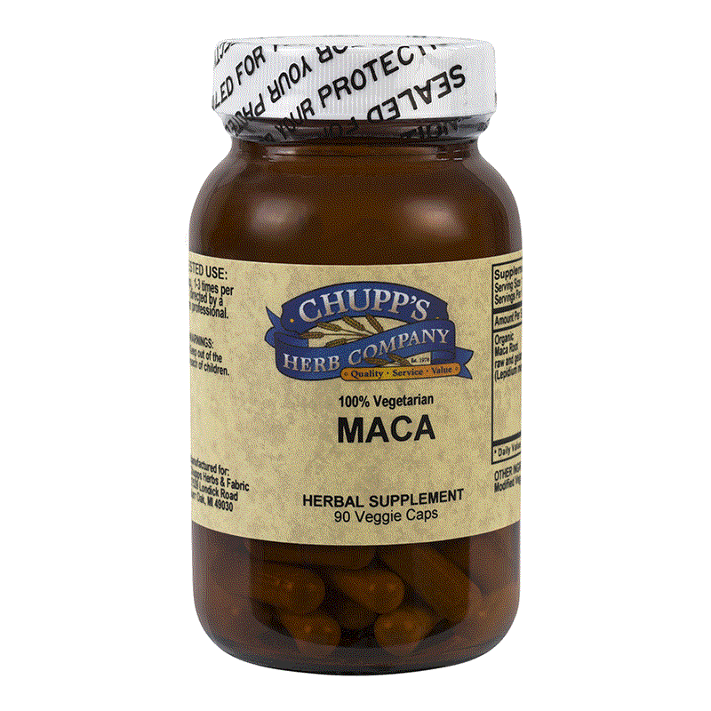 Organic Maca Root supplement bottle with 1000 mg per serving, gluten-free and vegetarian capsules for libido and hormone support