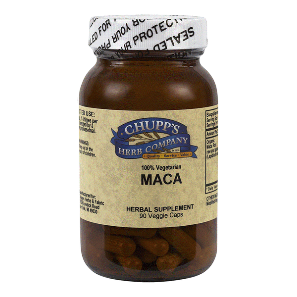 Organic Maca Root supplement bottle with 1000 mg per serving, gluten-free and vegetarian capsules for libido and hormone support