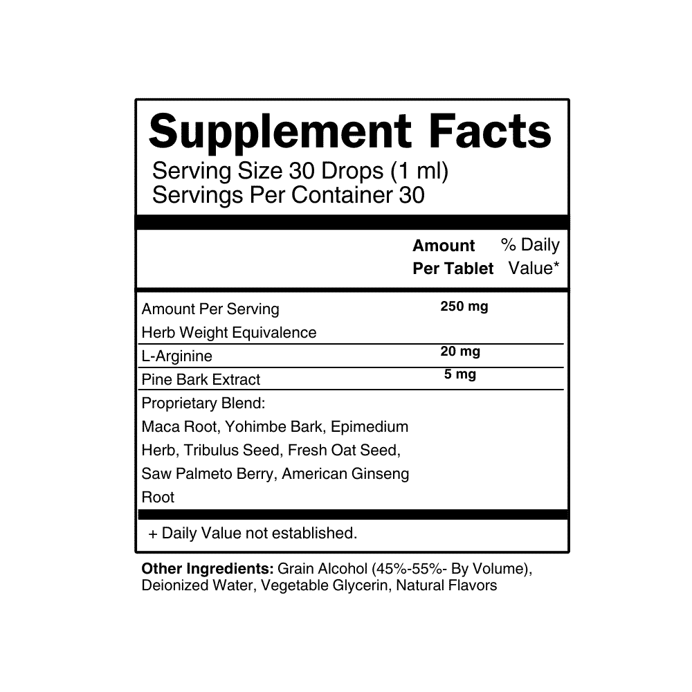 Supplement facts label for 'Male Virility' with ingredients such as L-Arginine, Pine Bark Extract, and a proprietary blend including Maca Root, Yohimbe Bark, and Tribulus Seed.