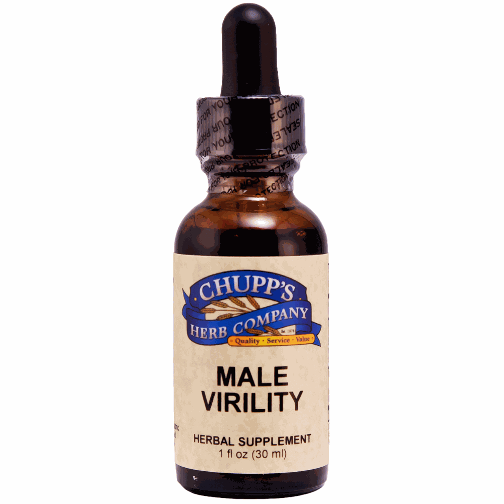 Herbal supplement bottle labeled "Male Virility" for stress reduction and focus improvement.