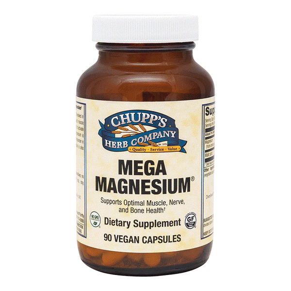 Mega Magnesium dietary supplement bottle with 400 mg magnesium and malic acid for nerve and bone support, 90 vegan capsules