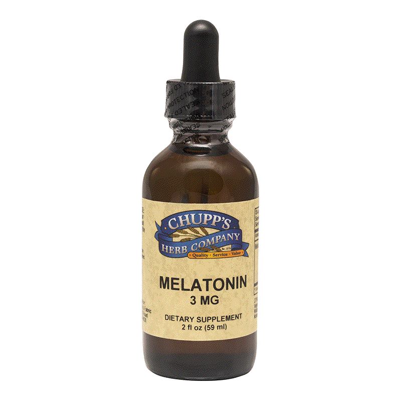 Bottle of Chupp's Herb Company Melatonin Liquid 3 mg dietary supplement with raspberry vanilla flavor for sleep support