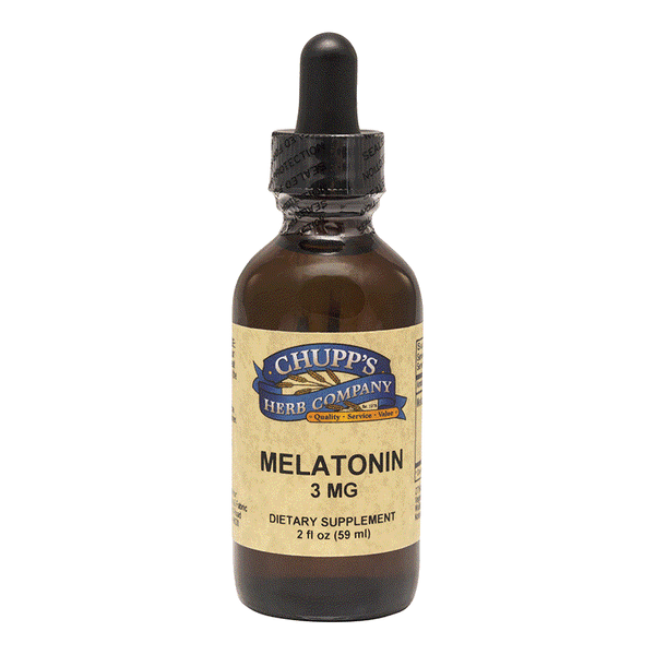 Bottle of Chupp's Herb Company Melatonin Liquid 3 mg dietary supplement with raspberry vanilla flavor for sleep support