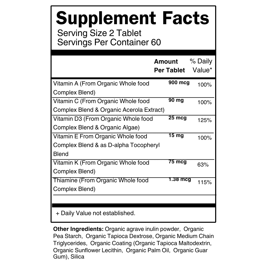 Mens Multi supplement facts label detailing vitamins and ingredients for immune support, heart health, prostate health, and vitality.