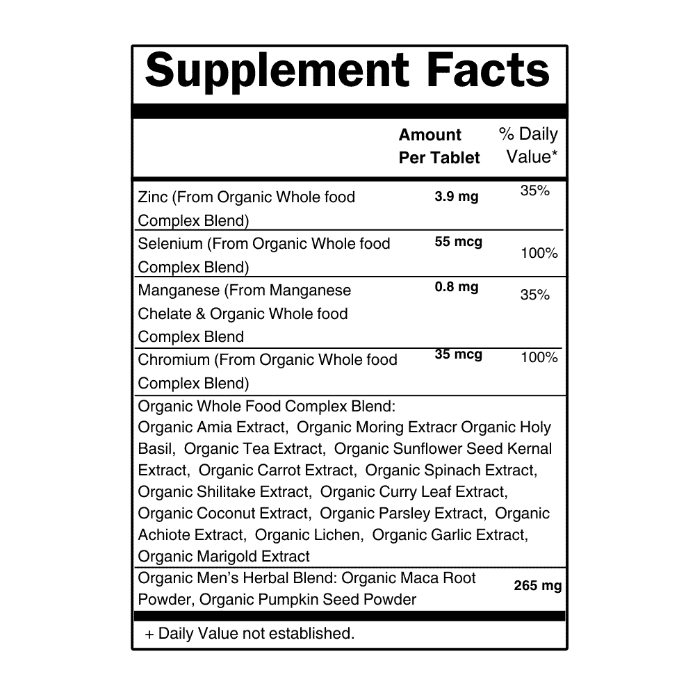 Supplement facts for Mens Multi vitamins detailing ingredients and daily values.