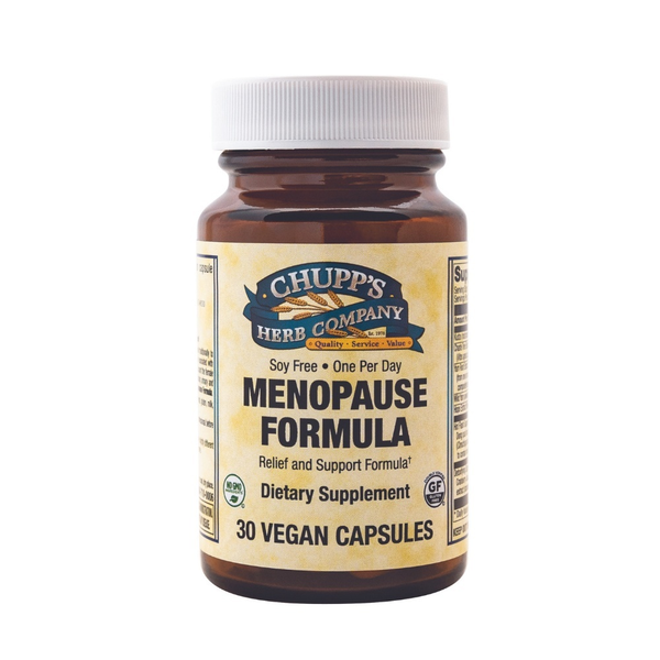 Menopause Formula dietary supplement bottle with 30 vegan capsules for symptom relief and hormone balance.