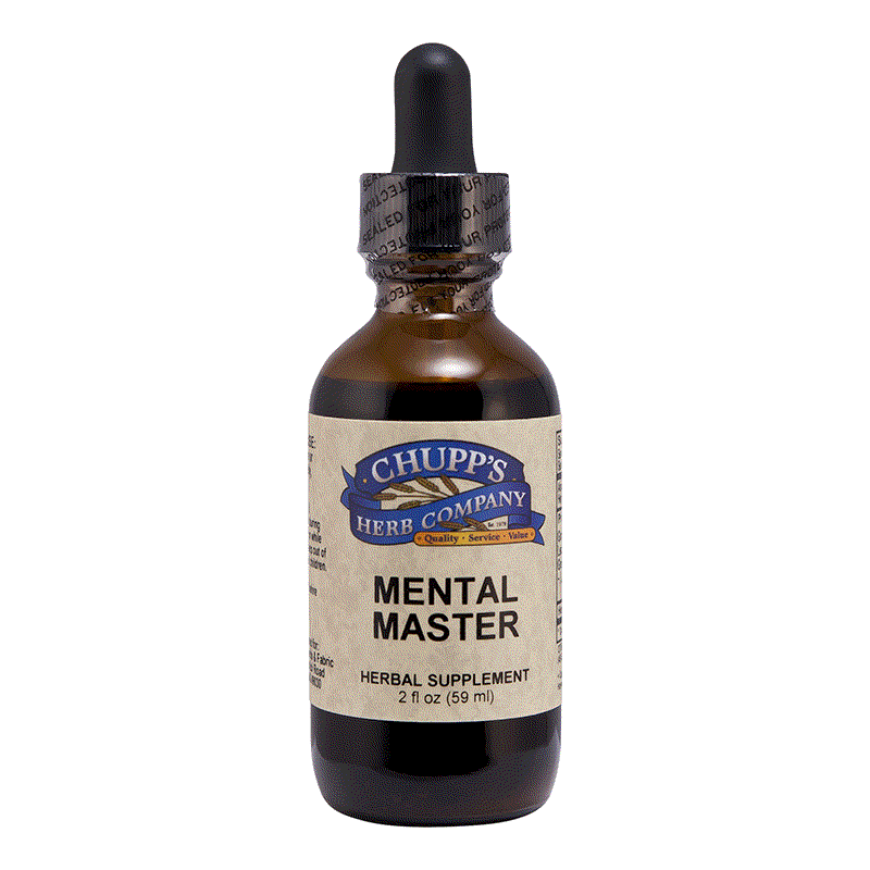 Mental Master herbal brain support supplement with Ginkgo and Rhodiola for focus and memory in a dropper bottle