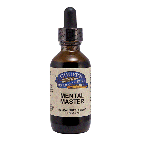 Mental Master herbal brain support supplement with Ginkgo and Rhodiola for focus and memory in a dropper bottle