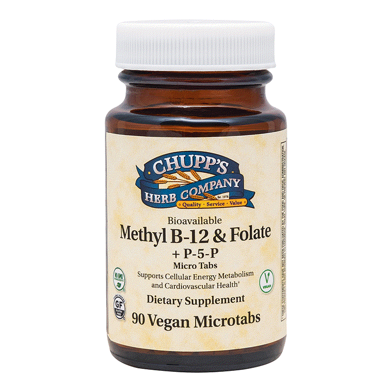 Bottle of Chupp's Herb Company vegan microtab supplement with methylated B12 and folate blend, non-GMO and gluten-free