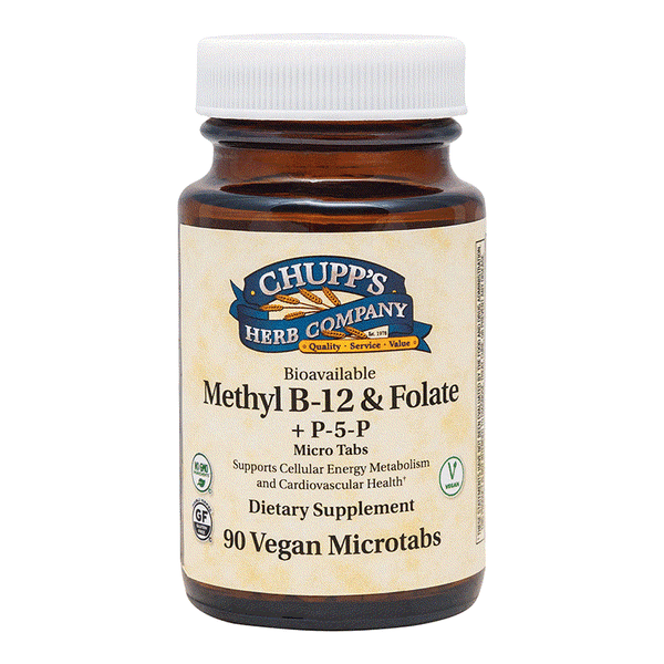 Bottle of Chupp's Herb Company vegan microtab supplement with methylated B12 and folate blend, non-GMO and gluten-free