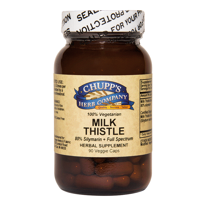 Chupp's Herb Company Milk Thistle herbal supplement bottle with 80% silymarin, 200 mg organic seed, gluten-free, 90 vegetarian capsules