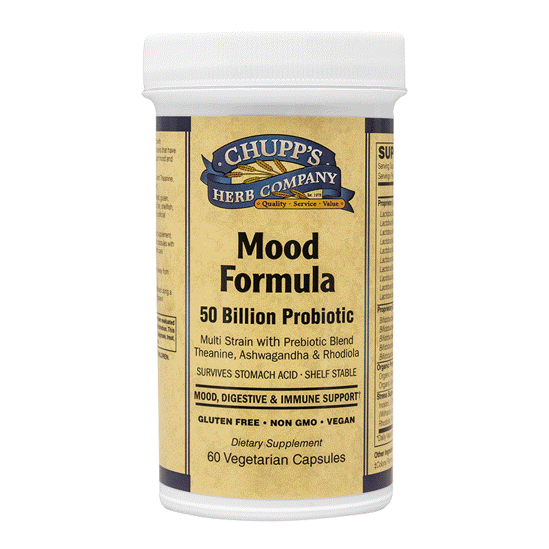 Mood Formula Probiotic supplement bottle with 50 billion CFU, stress support, gluten-free, non-GMO, and vegetarian capsules