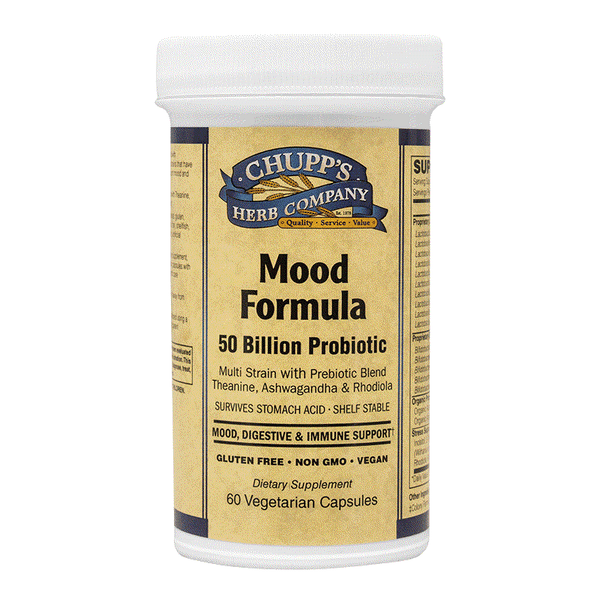 Mood Formula Probiotic supplement bottle with 50 billion CFU, stress support, gluten-free, non-GMO, and vegetarian capsules