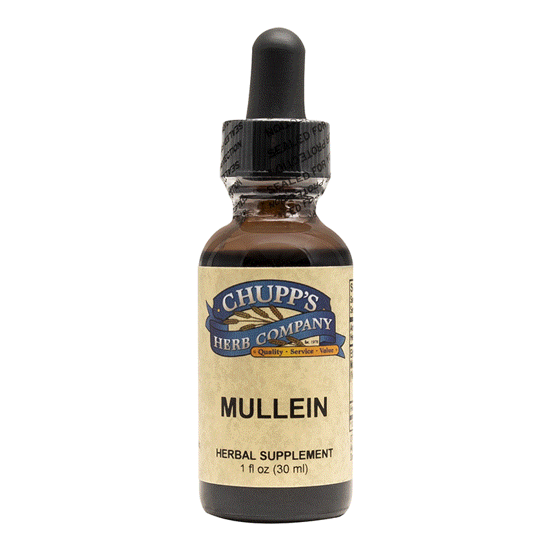Mullein herbal supplement liquid dropper bottle supporting clear breathing, ethically wild harvested, 333 mg per serving