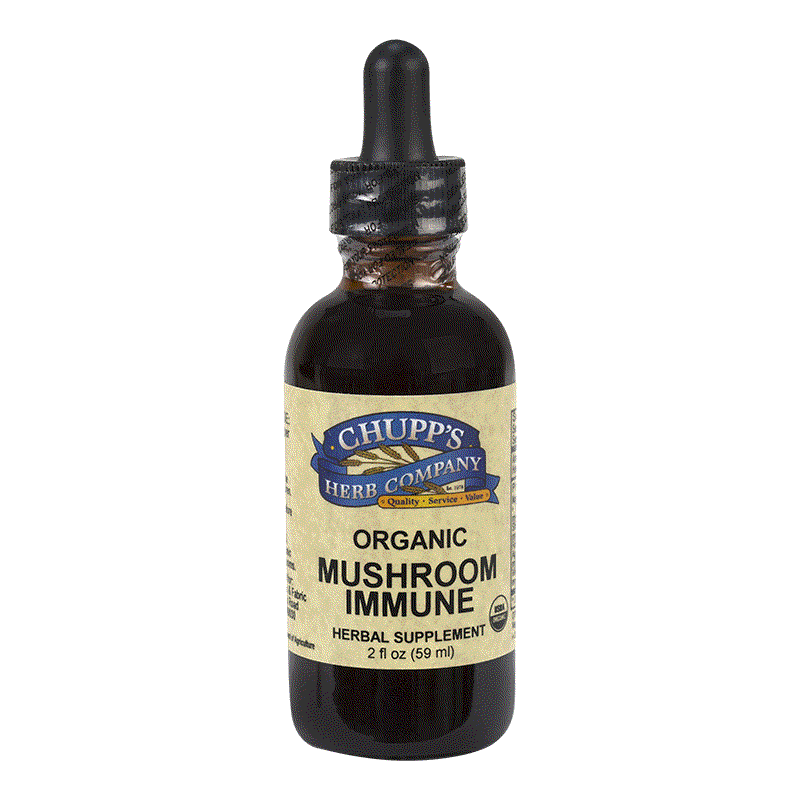Organic Mushroom Immune Liquid herbal supplement bottle with 13 mushroom blend for immune support