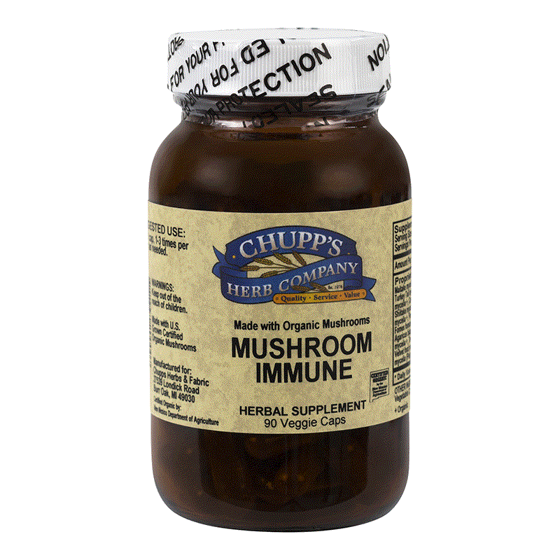 Bottle of Mushroom Immune herbal supplement with 90 veggie capsules made from organic mushrooms for immune support.