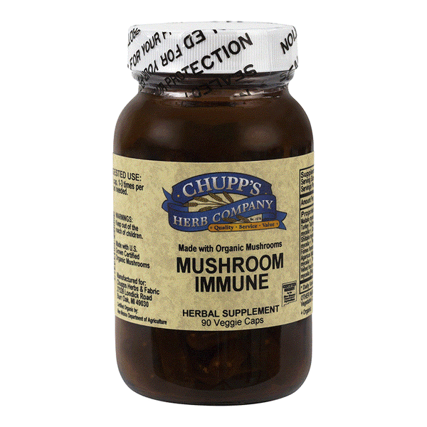 Bottle of Mushroom Immune herbal supplement with 90 veggie capsules made from organic mushrooms for immune support.