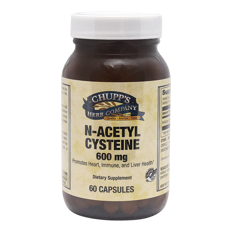 Chupp's Herb Company N-Acetyl Cysteine 600 mg capsules dietary supplement for collagen production and healing support, allergen-free, 60 capsules bottle