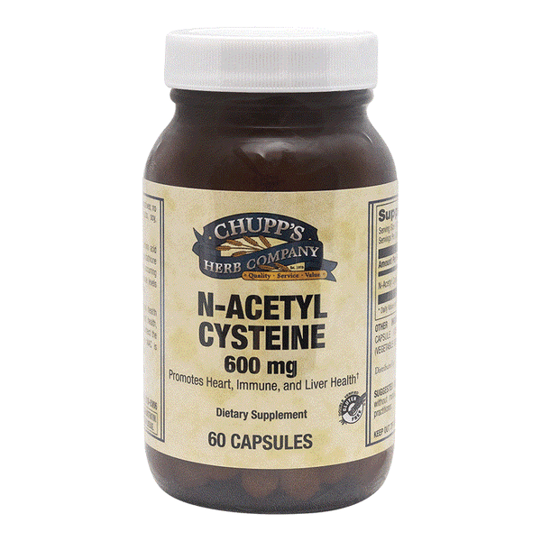 Chupp's Herb Company N-Acetyl Cysteine 600 mg capsules dietary supplement for collagen production and healing support, allergen-free, 60 capsules bottle