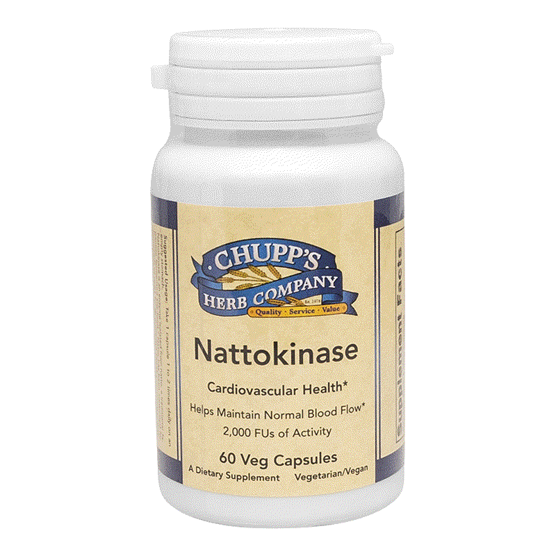 Bottle of Chupp's Herb Company Nattokinase dietary supplement with 60 vegetarian capsules for cardiovascular health and normal blood flow support