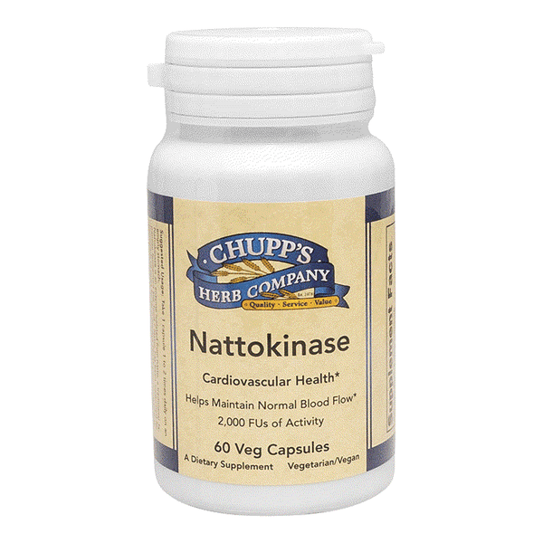 Bottle of Chupp's Herb Company Nattokinase dietary supplement with 60 vegetarian capsules for cardiovascular health and normal blood flow support