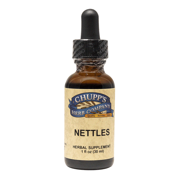 Chupp's Herb Company Nettles Liquid herbal supplement bottle with dropper, 1 fl oz, supports fluid balance with organic nettles herb.