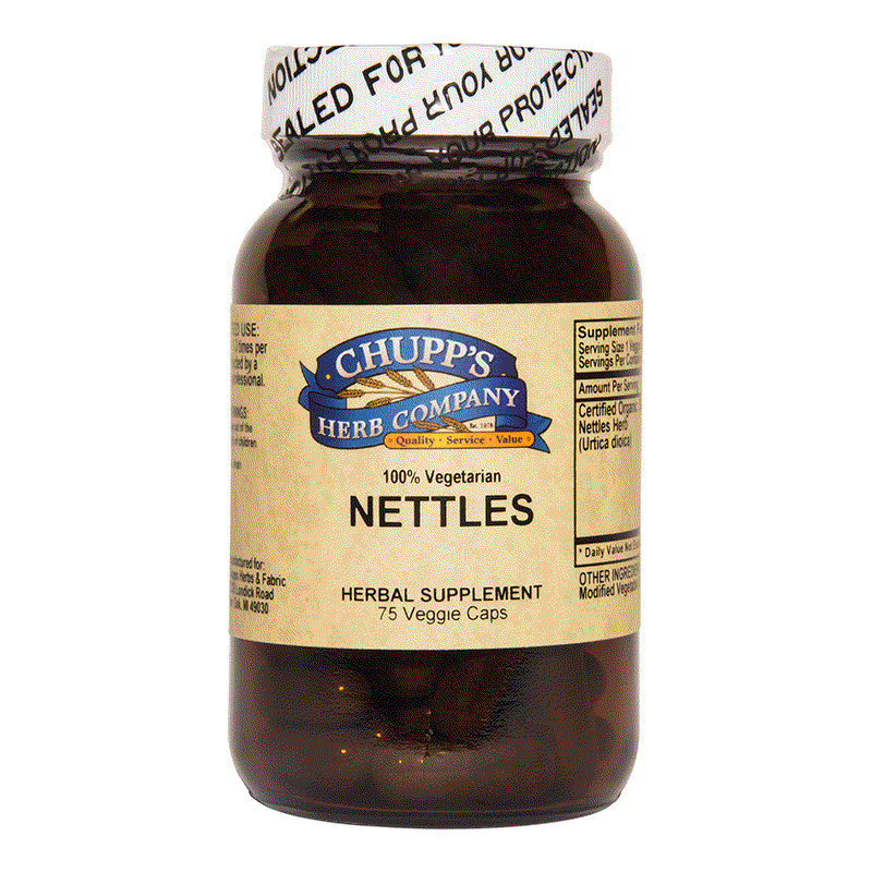 Chupp's Herb Company nettles herbal supplement bottle with 75 vegetarian capsules and organic gluten-free formula