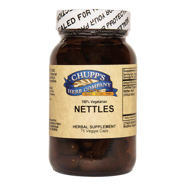 Chupp's Herb Company nettles herbal supplement bottle with 75 vegetarian capsules and organic gluten-free formula