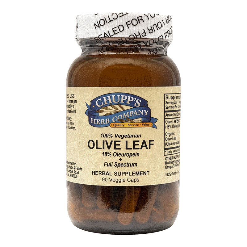 Chupp's Herb Company Olive Leaf herbal supplement with 18% Oleuropein in vegetarian capsules, gluten-free.
