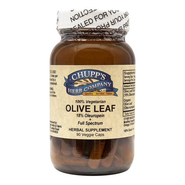 Chupp's Herb Company Olive Leaf herbal supplement with 18% Oleuropein in vegetarian capsules, gluten-free.