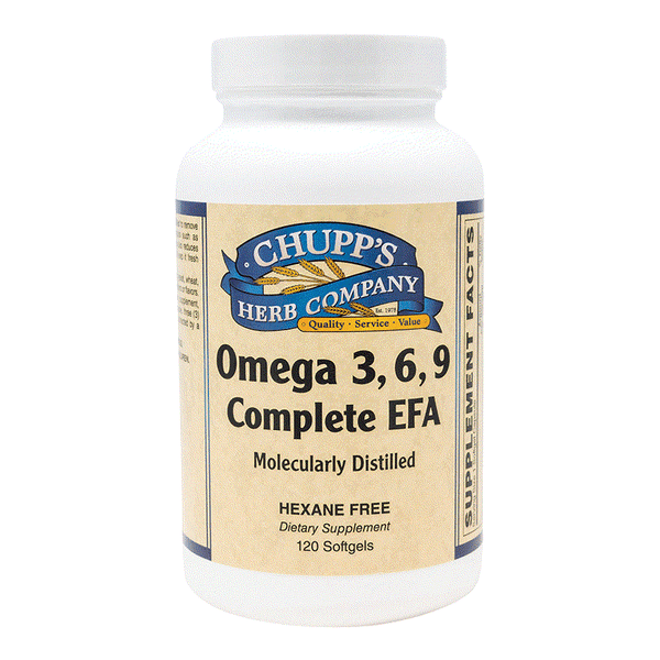 Bottle of Chupp's Herb Company Omega 3, 6, 9 Complete EFA softgels dietary supplement with 1200 mg per dose, blend of fish and plant oils, supporting skin, nerves, and immune balance