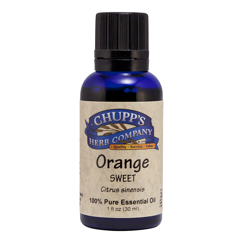 Blue bottle of Chupp's Herb Company Orange Sweet 100% pure essential oil with calming citrus scent