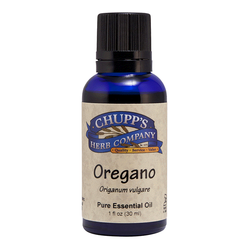 Blue glass bottle of Chupp's Herb Company oregano pure essential oil for immune support and skin care, 1 fl oz