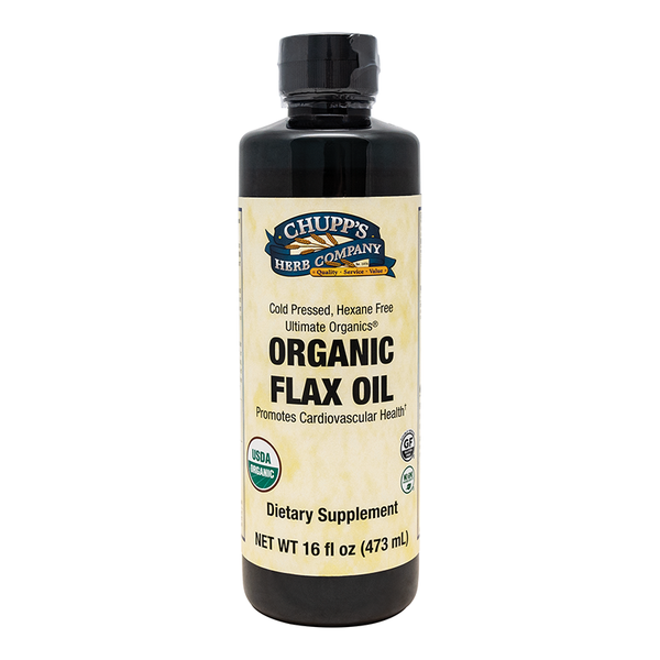Organic cold pressed flaxseed oil liquid dietary supplement bottle, source of Omega 3, allergen free, 16 oz