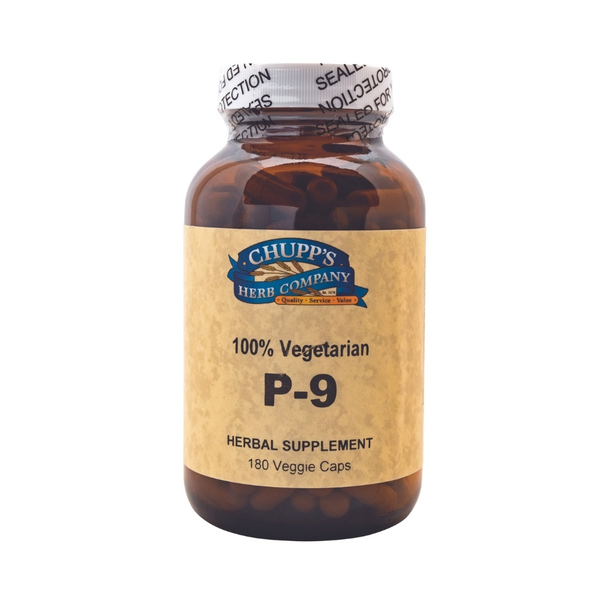 P-9 Pregnancy supplement bottle with 180 vegetarian capsules for comprehensive pregnancy support.