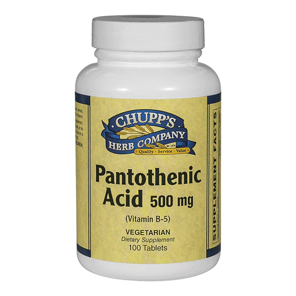 Chupp's Herb Company Pantothenic Acid 500 mg vegetarian dietary supplement bottle with 100 tablets for energy and adrenal support