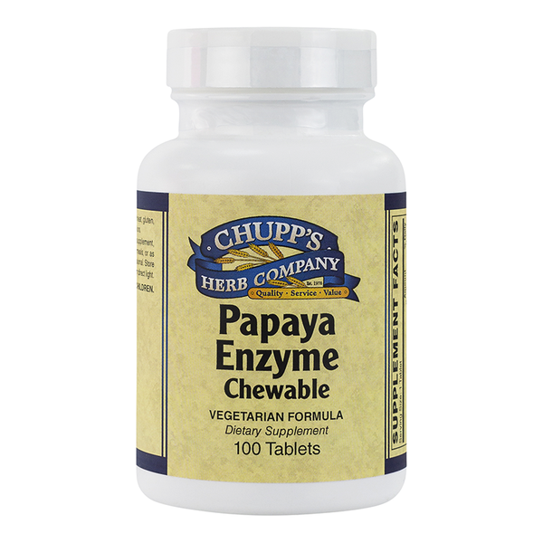 Bottle of Papaya Pineapple Enzyme chewable tablets with bromelain and papain for digestive support, vegetarian formula.
