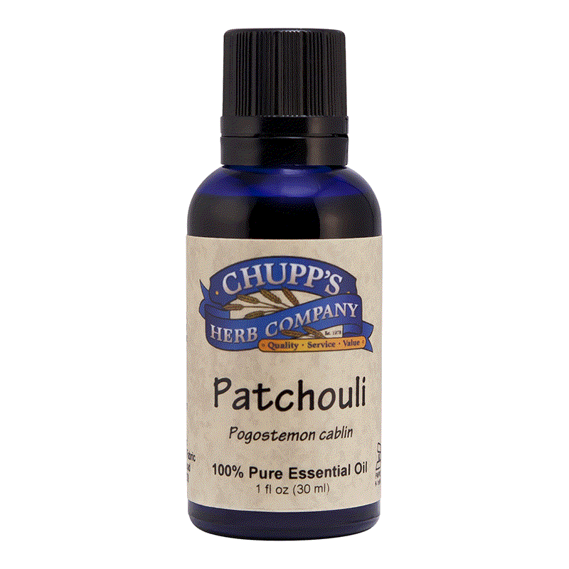 Bottle of Chupp's Herb Company Patchouli 100% pure essential oil with uplifting earthy scent, repels fleas and lice, supports mood balance