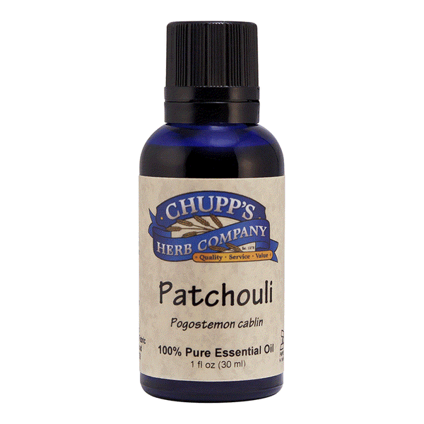 Bottle of Chupp's Herb Company Patchouli 100% pure essential oil with uplifting earthy scent, repels fleas and lice, supports mood balance
