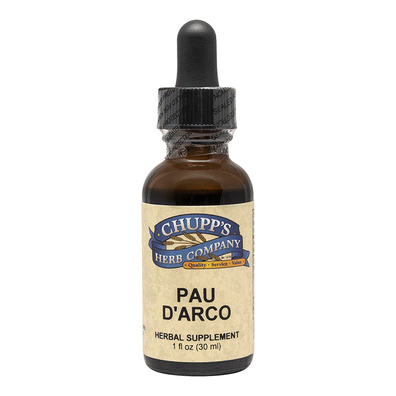 Pau D'Arco Liquid herbal supplement in dropper bottle for immune support and skin health