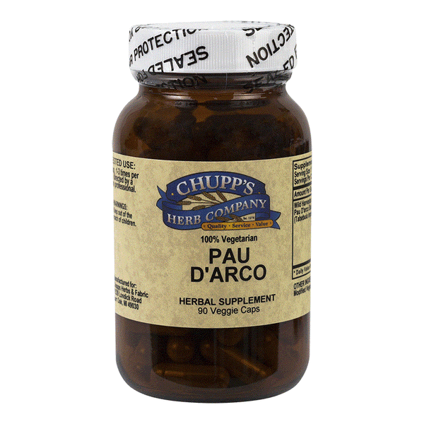 Chupp's Herb Company Pau D'Arco herbal supplement with 90 vegetarian capsules, wild harvested bark, gluten free, South American sourced, 1000 mg per serving