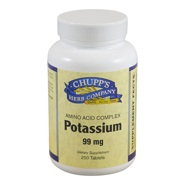 Chupp's Herb Company Potassium 99 mg dietary supplement bottle with 250 tablets for nervous system and heart support, gluten and dairy free