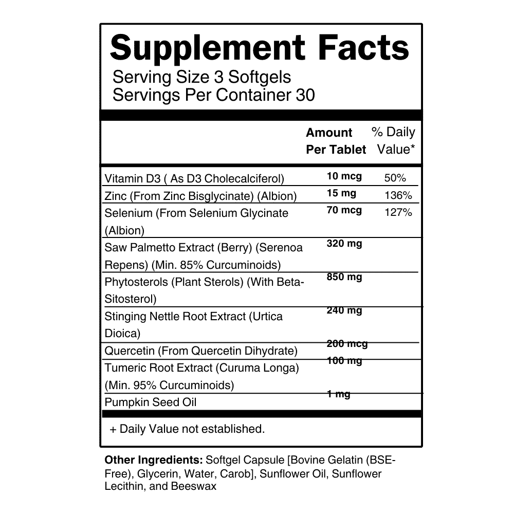 Supplement facts for Prosta Hi-Power, showing ingredients like Vitamin D3, Zinc, Selenium, Saw Palmetto, Phytosterols, and more for prostate health.